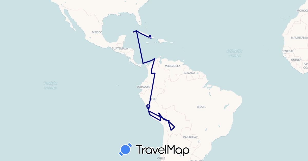 TravelMap itinerary: driving in Bolivia, Colombia, Cuba, Panama, Peru (North America, South America)